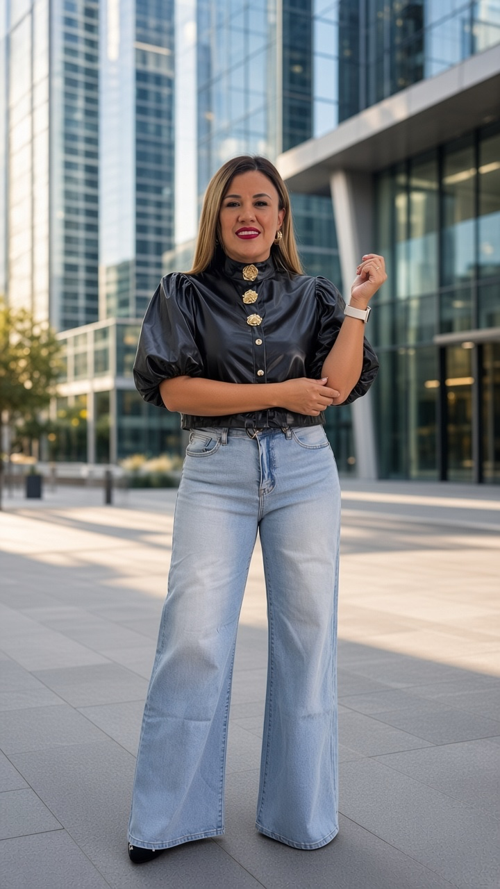 Blusa de Vinipiel con Botones Dorados en Forma de Rosa